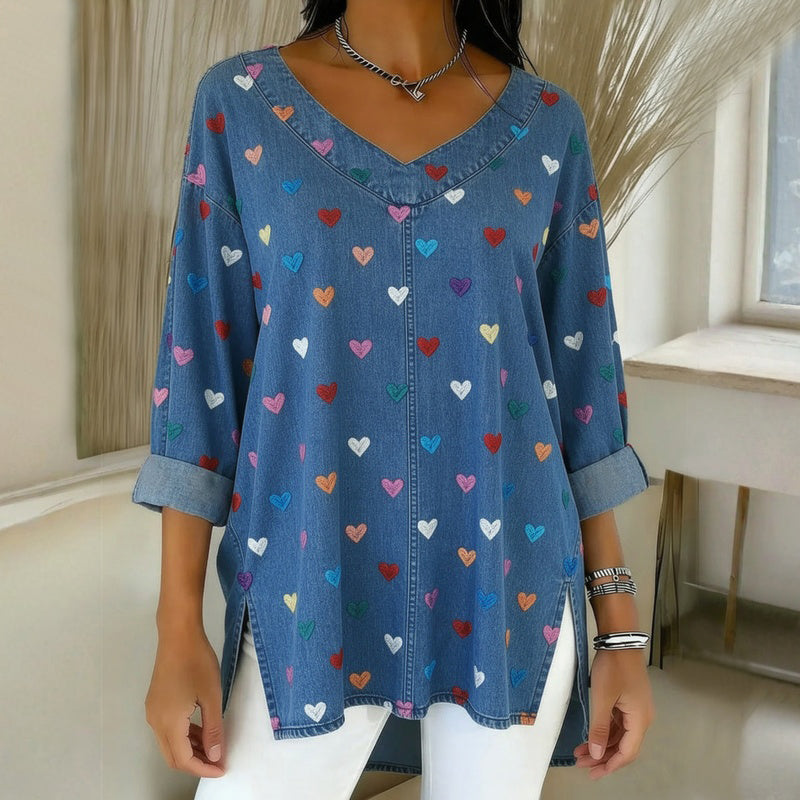 Julie - Blouse Vintage À Imprimé Cœur